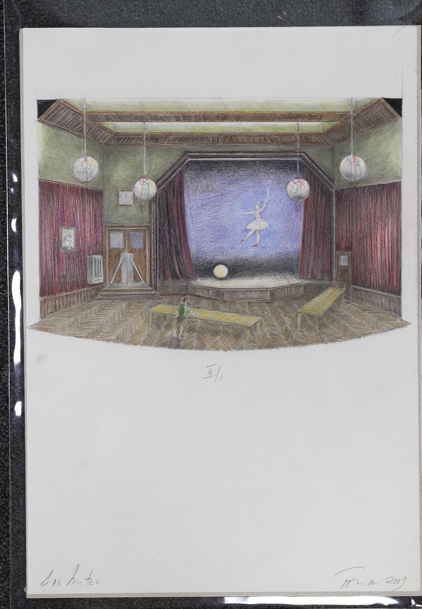 Tobias Hoheisel (1956-), coloured pencil, Design for the The Bartered Bride, Glyndebourne 2009, signed in pencil, overall 35 x 25cm, unframed